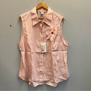 NWT Edward Woman 2X Linen Button Shirt Top Pink Flower appliqué beaded